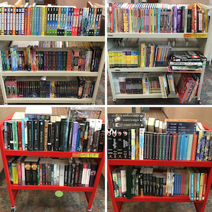 Donated books on shelves from Books-A-Million
